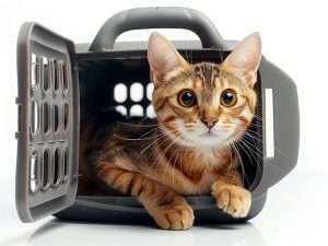 Orange and brown tabby kitten in its carrier with door open.