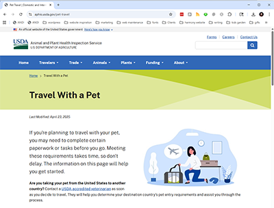 APHIS travel with pets website page