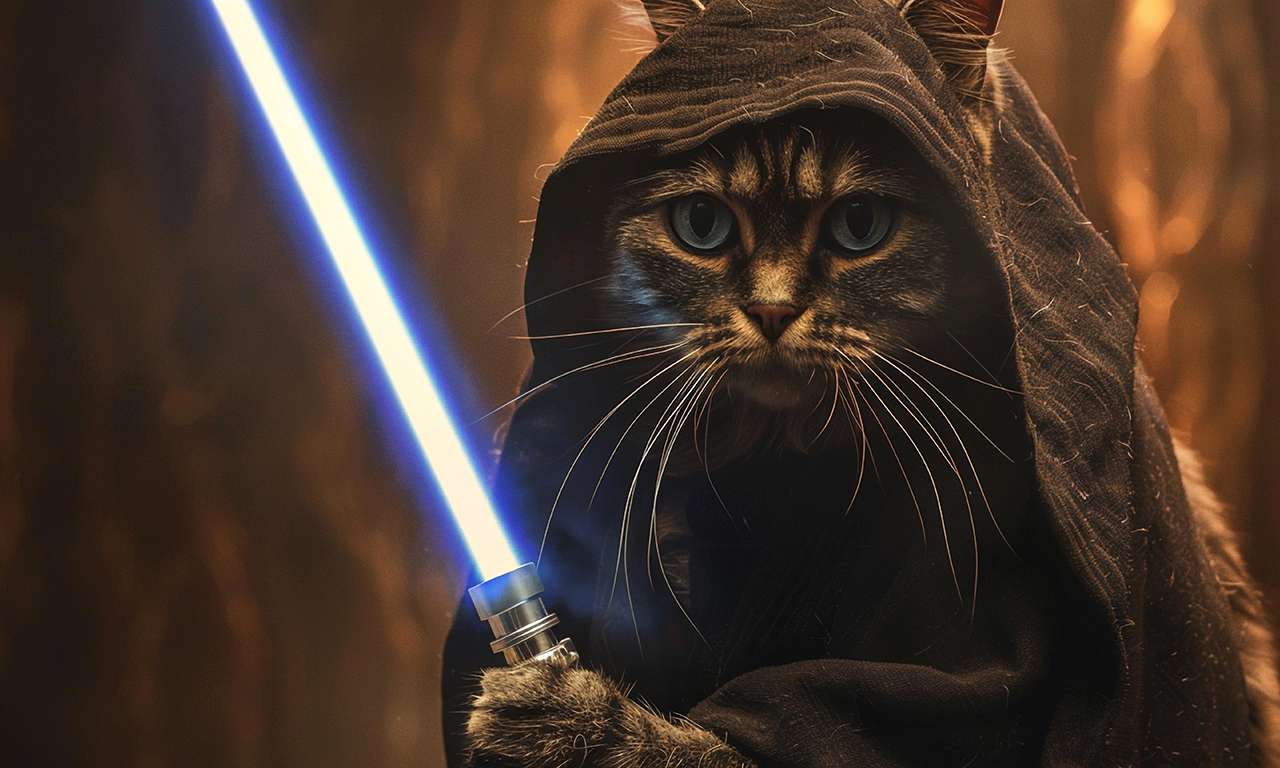 Cat in brown Jedi robe holding a light saber