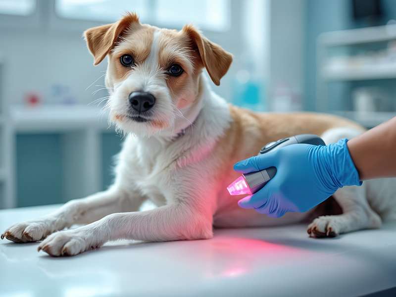 Hand with glove holding a cold laser on the side of a cute dog.
