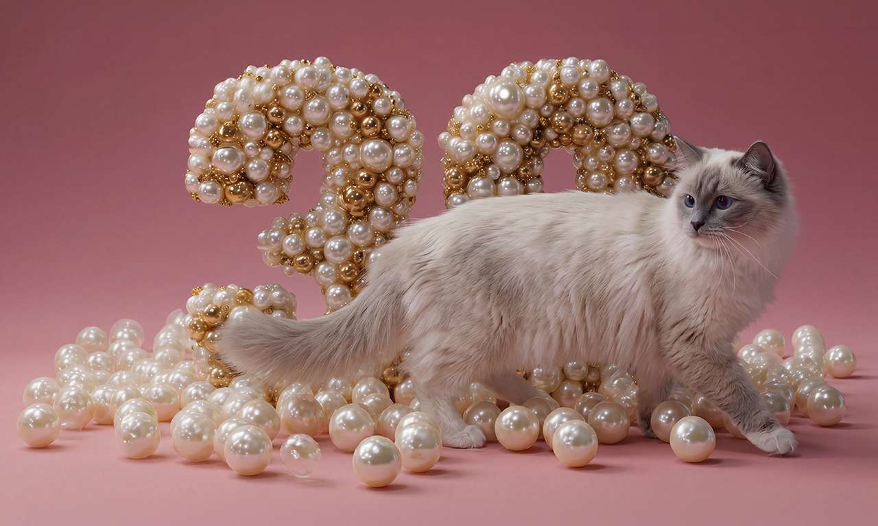 Siamese cat walking next to a large 30 made from pearls.